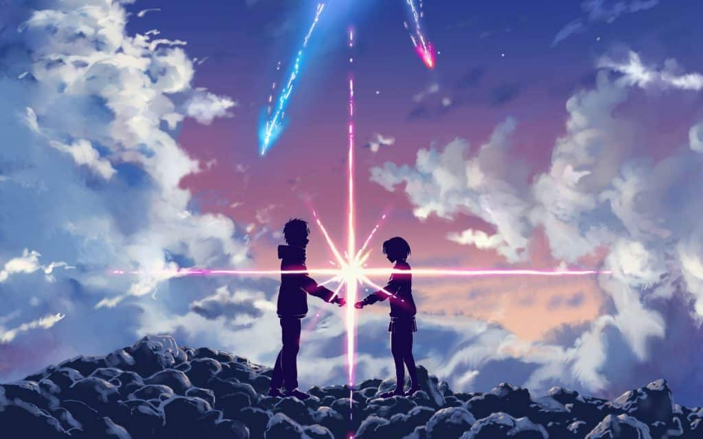 Taki et Mitsuha sur la montagne proche d'Itomori