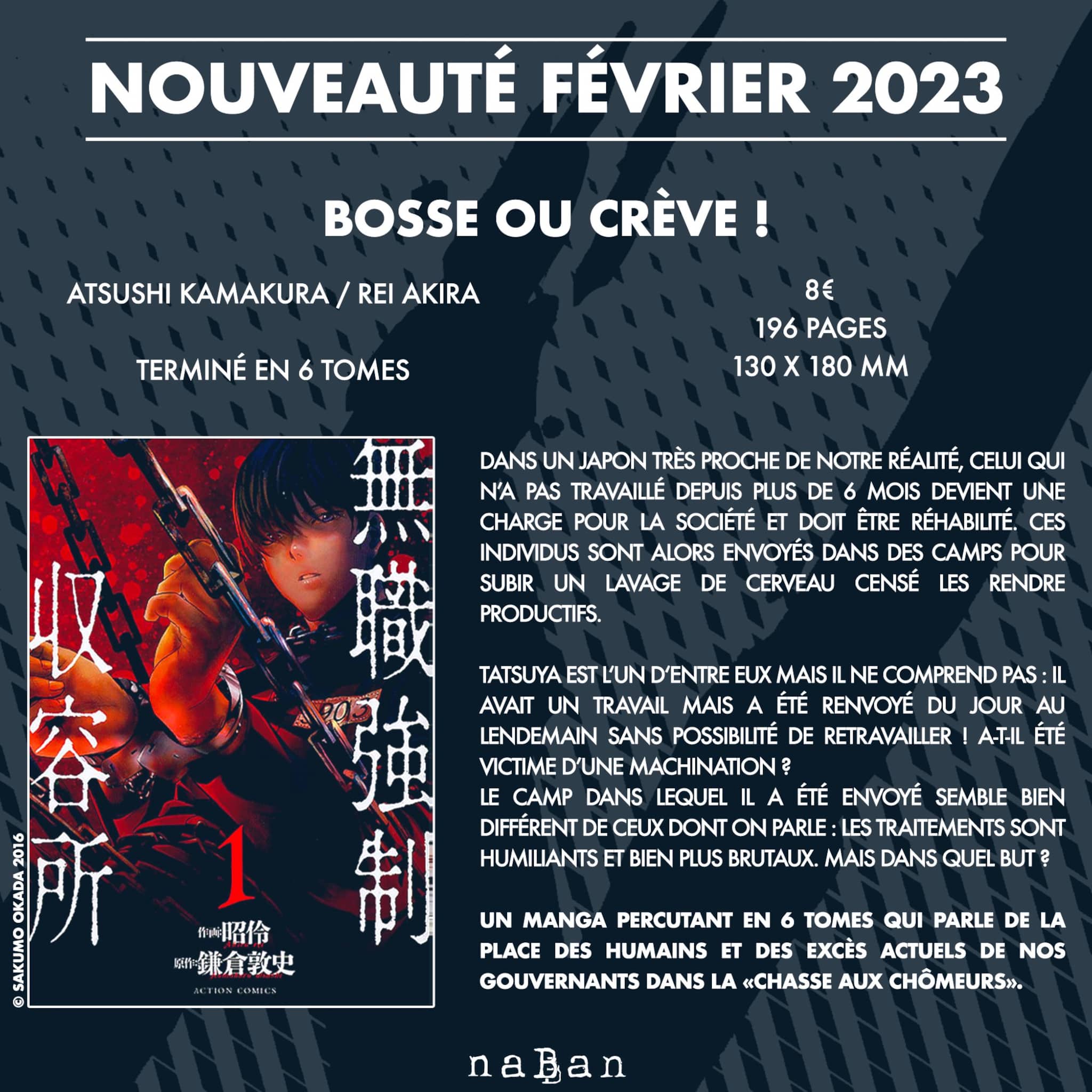 Annonce de la date de sortie en France du manga Bosse ou crève
