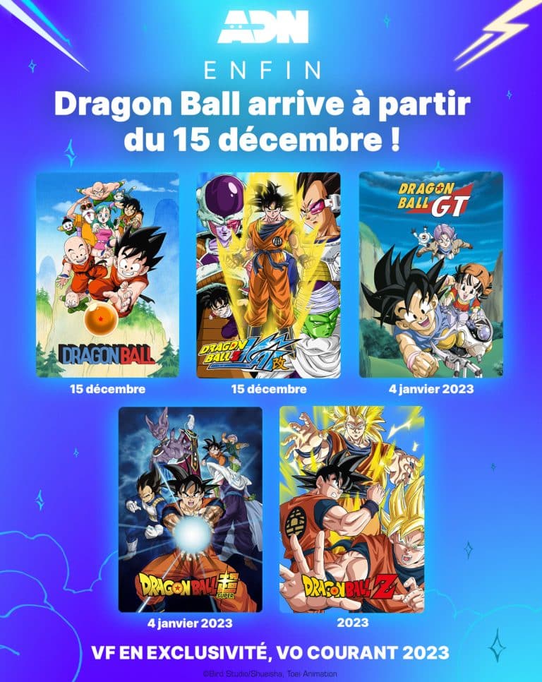 Annonce de la date de sortie en France de la saga complète Dragon Ball en VOSTFR et VF sur la plateforme ADN