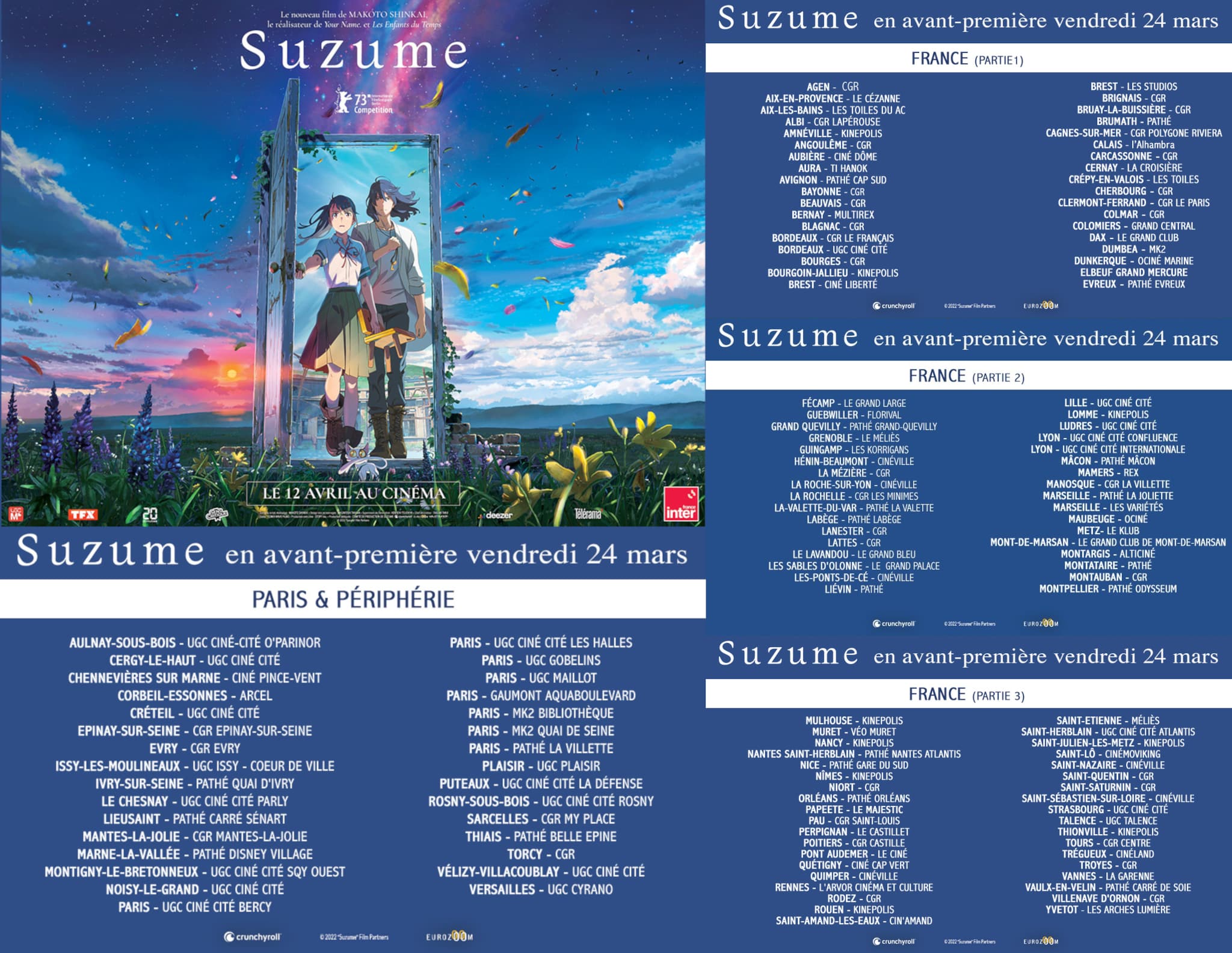 Liste des cinémas proposant des séances avant-premières pour le film Suzume en France