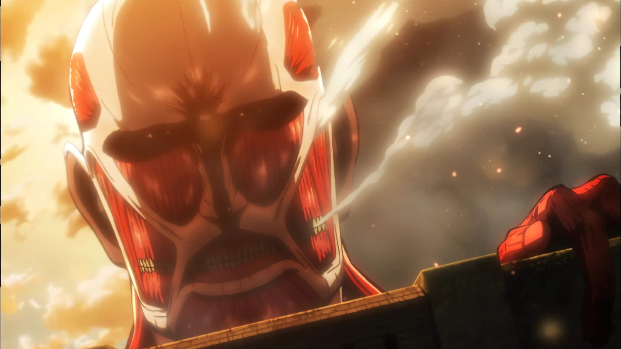 Le titan Colossal détruit le mur Maria dans la saison 1 épisode 1 de l'anime Shingeki no Kyojin
