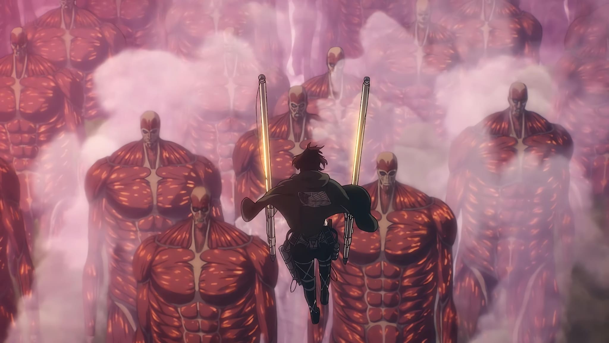 Hansi Zoe face à la horde de Titans colossaux lors de la saison finale de L'Attaque des Titans