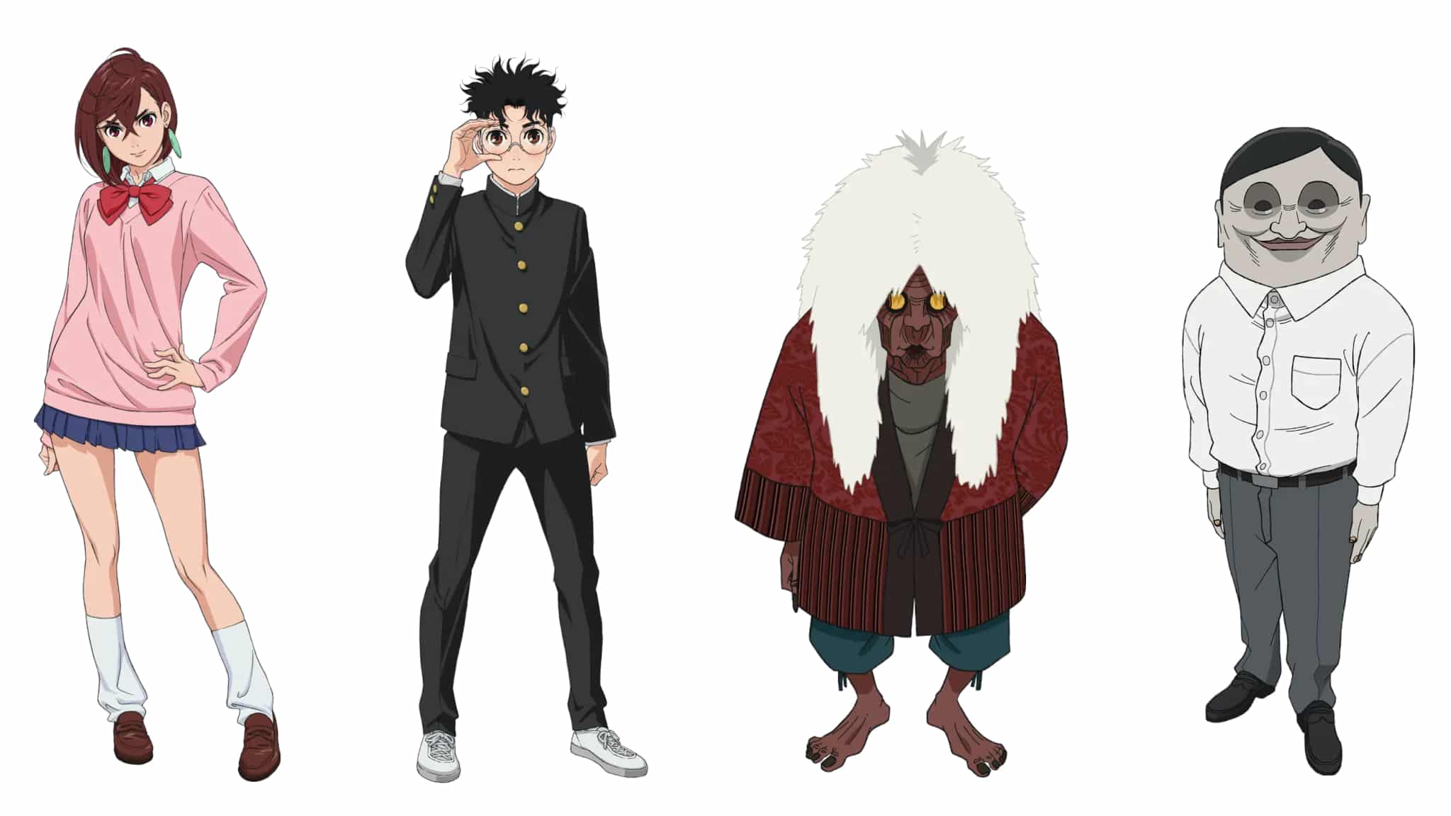 Character design de Momo Ayase, Okarun, Mémé-turbo et Serpo pour l'anime Dandadan